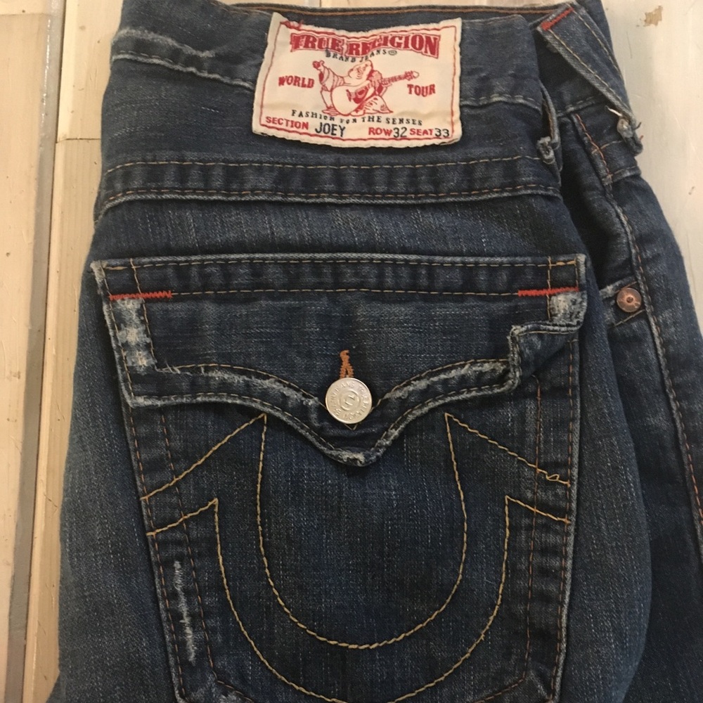 True Religion distressed Joey jeans.